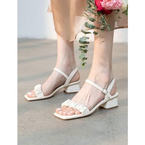 EshtonShero New Women Sandals Genuine Leather Ladies Sandals Low Heels Women Square Heel Beach Shoes Woman Wedding Footwear