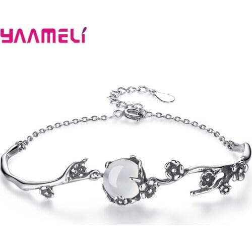 New Arrival Women Girls Fashion Chinese Style Retro Bracelets 925 Sterling Silver Plum Blossom Big Clear Stone Pendant Bracelet