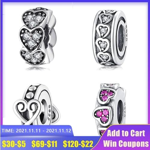 New 925 Sterling Silver heart deep pink CZ round fine spacer stopper beads Fit Original europeu Charm Bracelet Jewelry making