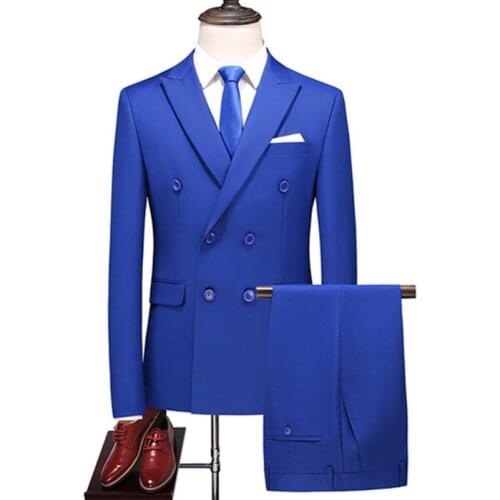 Jackets+Pants) Double Breasted Tuxedo Suit Men Business Work Wedding Formal Sets Solid Suit Slim Korean Casual Clothing S-6XL