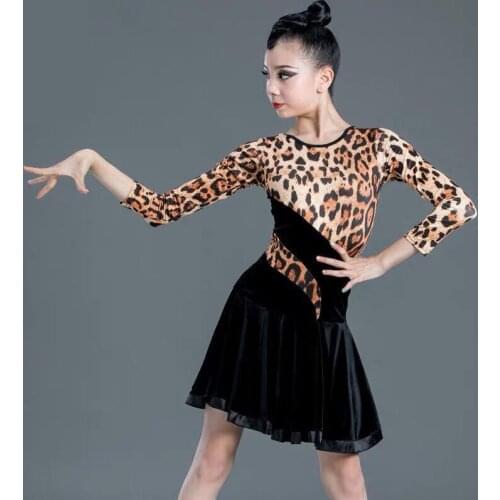 New Children Girls Latin Dance Dress Open Back Middle Sleeve Leopard Stripes Standard Ballroom Performance Tango Salsa Dresses