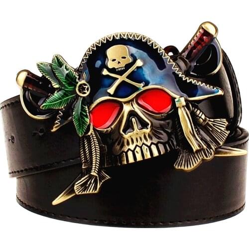 Fashion New mens leather belt metal buckle colored pirate knife belts punk rock exaggerated skull pirate belt hip hop girdle