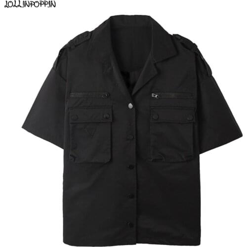 Men Short Sleeve Cargo Shirt With Epaulets 2020 Zippered Pockets Japan Style Mens Military Functional Shirt Man Black Shirts
