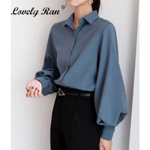 Spring Long Lantern Sleeve Womens Shirts Stand Collar Single Breasted Female Shirt Solid All-Match Vintage Office Lady Clothes