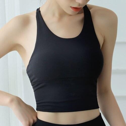 Strappy Pull-on Sports Bra with Cross Back Design Padded Yoga Tank Top Fitness Underwear for Women TT@88
