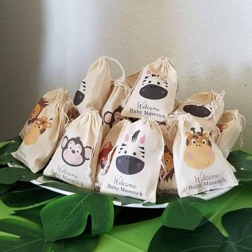 Jungle Safari Zoo Animal Party bag customize baby Shower bags kid Birthday party Treat Bags bachelorette welcome muslin gift bag