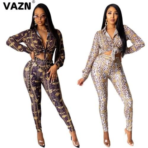VAZN 2021 Special Sexy Leopard O-neck Two Piece Set Long Sleeve Top And Full Pant 2 Piece Set Women Autumn Suit