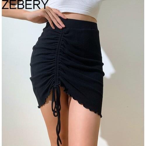 ZEBERY Black Drawstring Lace Up Sexy Skirts Split High Waist Skirts Autumn Winter Ruched Skirts Office Lady Skirt Women Skirt
