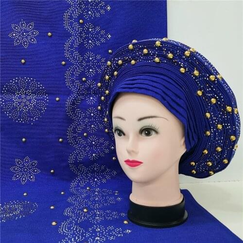Women head wrap beaded lace african headtie nigerian gele headties with stones sewing fabric for party 1+1set
