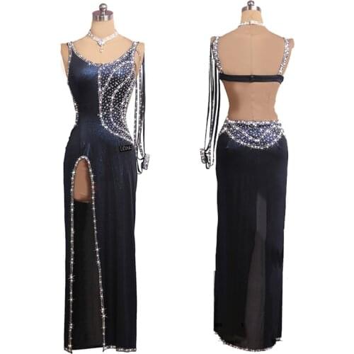 Navy Blue Latin Dance Competition Dress Sparkling Diamond Spit Skirt Women Belly Ballroom Dance Costume Performance Wear BL6753