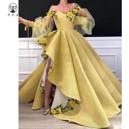 2019 Vestidos De Formature New Arrival Off the Shoulder Sweetheart Appliqued Flowers Pleated Long Sleeve Prom Dresses