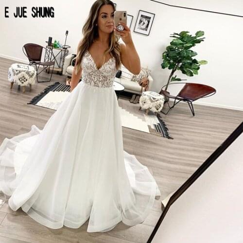E JUE SHUNG Newest Boho Simple Wedding Dresses V Neck Appliaues Backless Organza Bridal Dresses vestido de noiva mariage