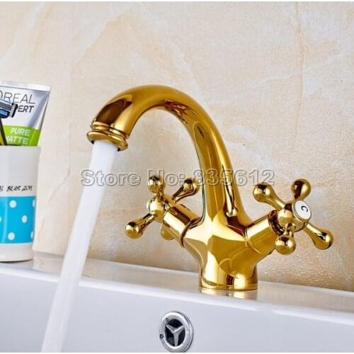 Golden Brass Bathroom Dual Handle Basin Faucet Cold and Hot Water Mixer Tap Deck Mounted Vessel Sink Faucets Wnf269