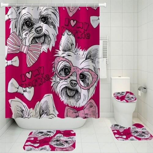 4 Pcs Beautiful Pet Dogs Shower Curtain Sets Pedestal Rug Lid Toilet Cover Mat Home Textile Bath Mat Set Cartoon Bathroom Sets