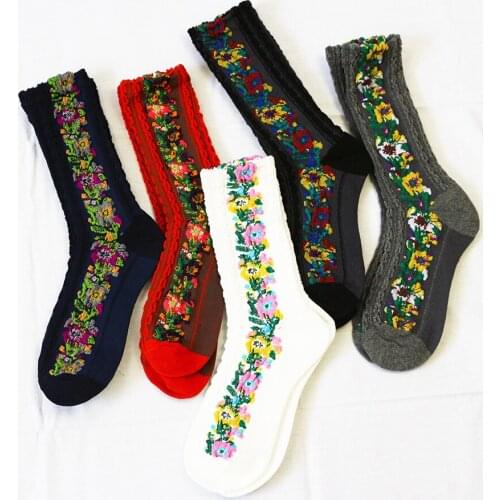 New womens Harajuku retro cute fashion flowers cotton casual long socks 5 pair