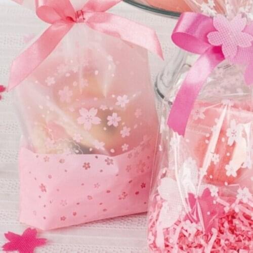 50pcs/lot Clear Pink Cherry Blossoms Printed Gift Bag DIY Candy Cookie Biscuit Small Plastic Packing Bags 24*34cm