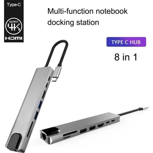 8 IN 1 USB Type C Hub Adapter Dock Aluminum Alloy Multiport Adapters With 4K RJ45 Ethernet Lan Charge USB-C Charging Port