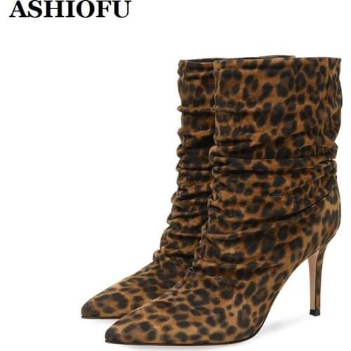 ASHIOFU Handmade New Elegant Ladies High Heels Boots Leopard Pleated Style Ankle Booties Sexy Evening Club Fashion Short Boots