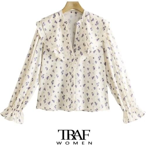 TRAF Za Women Sweet Fashion Floral Print Ruffled Blouses Vintage Long Sleeve Button-up Female Shirts Blusas Chic Tops