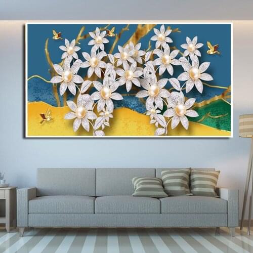 Large Size Modern Pearl diamond Flower Canvas Painting Prints Poster Wall Art Picture For Living Room Home Decor Free Shipping