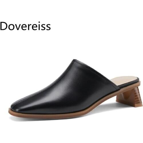 Dovereiss Fashion Womens Shoes summer consice sexy Square toe Mules White Apricot Elegant Chunky heels Slippers 34-40