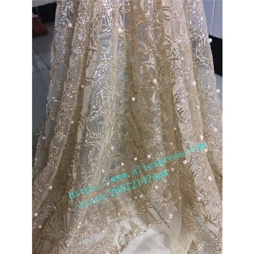 Nice Design African sequins glued glitter Lace Fabric with beads Nigerian French Mesh Tulle Lace Fabric for wedding dress