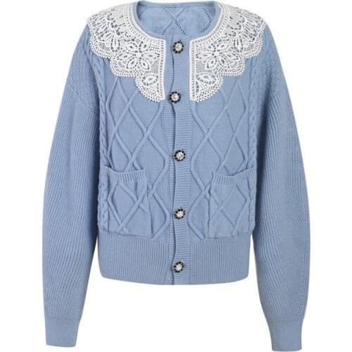 Hollow Lace Lapel New Fashion 2021 Cardigan Light Blue Luxury High Quality Rhinestone Long Sleeve Knitwear Sweater Jacket Women