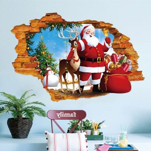 New Year Removable Broken Wall Stickers PVC Santa Claus Gives Gifts Stickers Decal Christmas Party Home Shopwindow Decoration XL