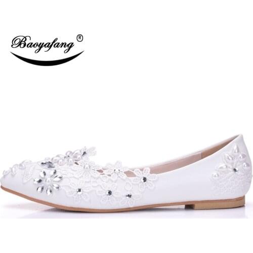 Lace Bridal Shoes White flat-bottomed pointed shoes Water drill pearl Bridesmaid shoes Sweet party shoe plus size Single shoes