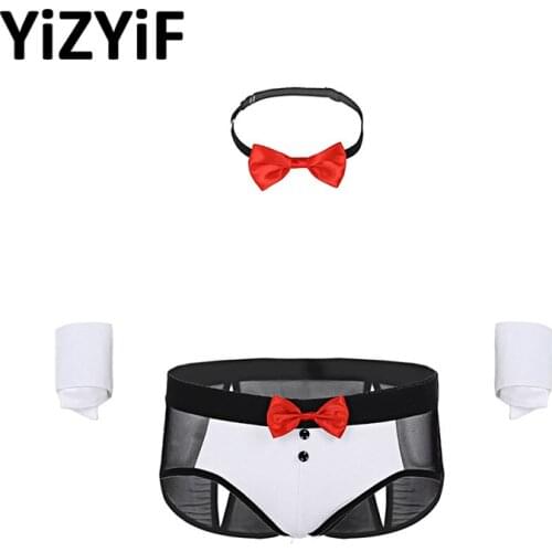 Gay swimwear men swimsuit Lingerie Set See Through Mesh Butt Splits swim briefs Underwear with Bow Tie and Cuffs swimming Shorts