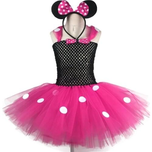 Cute Girls Pink Mickey Minnie Tutu Dress Baby Crochet Tulle Dress with White Dot and Hairbow Kids Birthday Party Costume Dresses