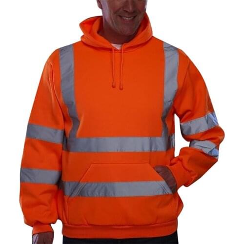 Mens Road Work High Visibility Pullover Long Sleeve Hooded Sweatshirt Hoody Reflective Tops With Pocket Streetwear
