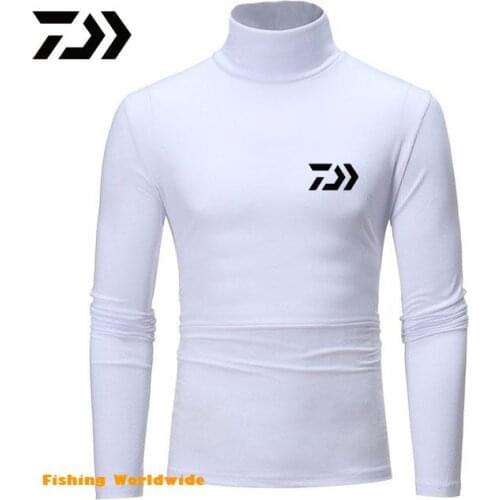 New Mens Solid Color Turtleneck DAIWA Fishing T Shirts Male Slim Fit Long Sleeve T Shirts Black White Men tshirt Tops