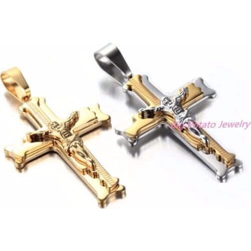 Multilayer Cross Christ Jesus Pendant Necklace Stainless Steel 23.6" 3mm Box Chain Fashion Men Jewelry Gift