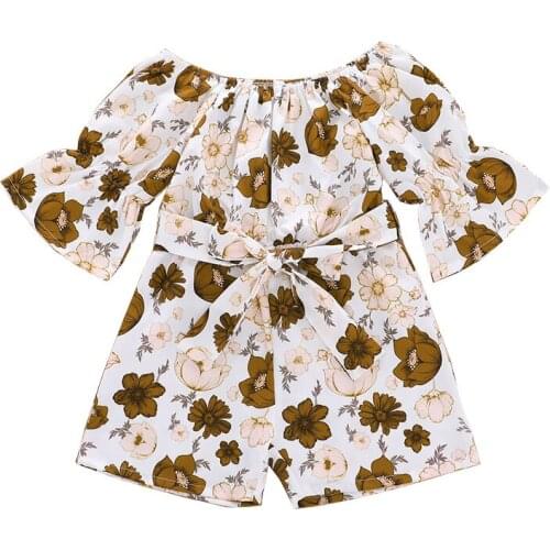 Little Girls Floral Overalls Pants Kids Flared Sleeves Flower Printed Jumpsuit Playsuits Children Girls Summer Casual Clothing