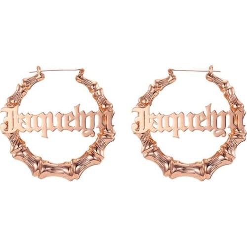 Custom Bamboo Hoop Earrings Personalized Nameplate Bamboo Two Tone Name Earring Hip Hop Gold Plated For Women Jewelry Gift