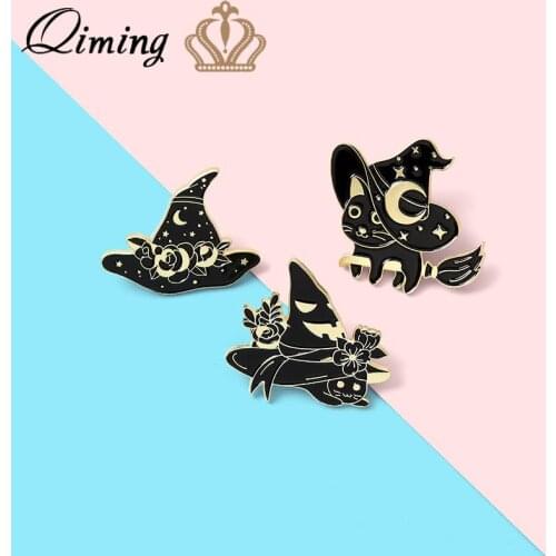 QIMING Black Enamel Magic Cat Brooch Halloween Wizard Flower Hat Denim Shirt Badges Lapel Pin Gifts For Friends