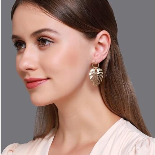 Golden Silver Plated Metallic Leaf Irregular Hollow Geometry Glossy Retro Alloy Dangle Earrings & Drop Earrings for Women