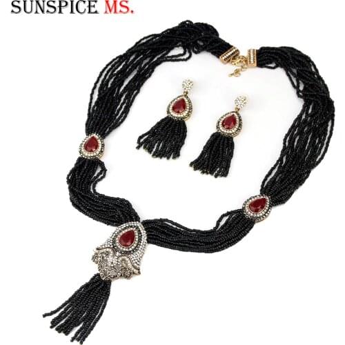 Sunspicems Turkish Bead Necklace Earring Sets for Women European Wedding Caftan Jewelry Retro Gold Color Ethnic Bridal Gift