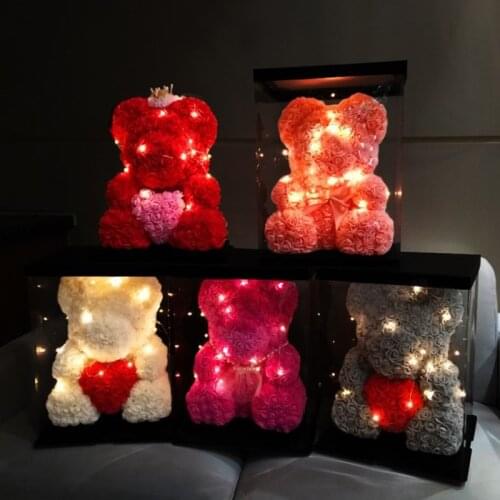 LED light Rose teddy bear valentines gift flowers foam bear with love heart wedding foam flowers decorations love rose bear