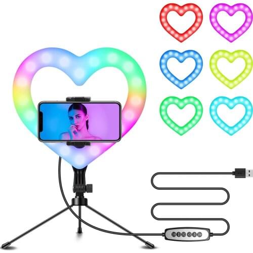 10 Inch RGB Video Light Heart-Shaped LED Fill Light USB Phone Holder Desktop Stretch Stand/Tripod for Live Streaming 2Options