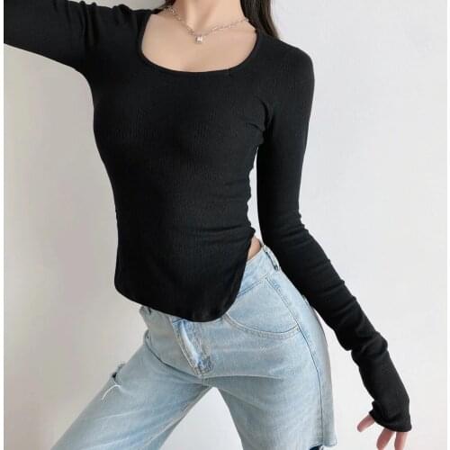 TVVOVVVIN Irregular Bottom Knitted T-shirt Spring Korean Square Neck Slim Elastic Black Short Knitting Tops Womens 8AYJ