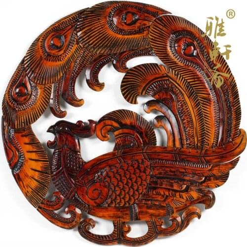 Handmade mahogany wood carving mural decoration The Phoenix has appeared. lucky auspicious Home Furnishing housewarming gifts de