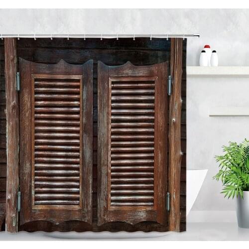 Vintage Old Wooden Door Shower Curtains Western Retro Barn Swinging Wood Grain 3D Printing Waterproof Bathroom Decor Curtain Set