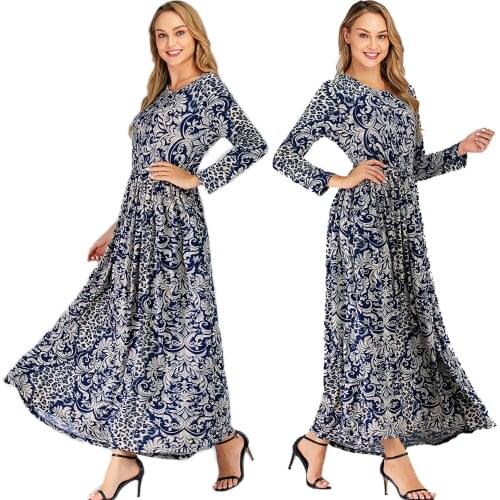Vintage Women Floral Printed Long Dress Arab Jilbab Maxi Robe O-neck Ramadan Islamic Abaya Plus Size Thobe Turkish Dubai Fashion