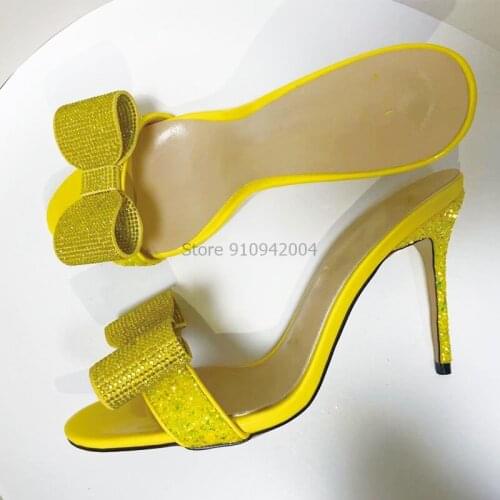 Deep toe Thin High Heels Yellow Classic Women Sandals Sexy Party Slides Crystal Bowtie Summer Flip Flops