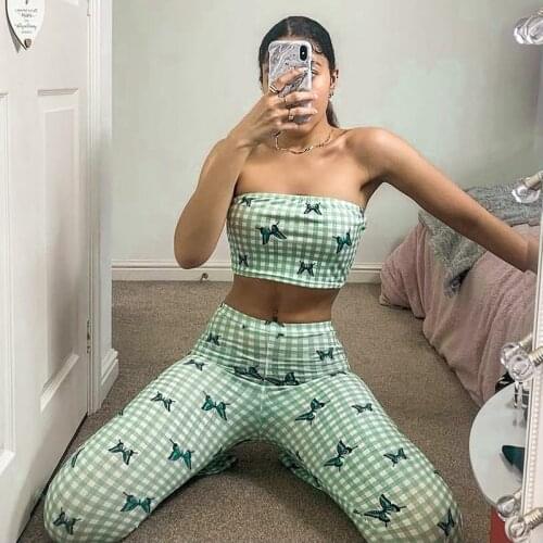 Streetwear Butterfly Print 2 Piece Pants Suits Y2K Plaid Tube Top And High Waist Flare Pants Sexy Women Matching Sets