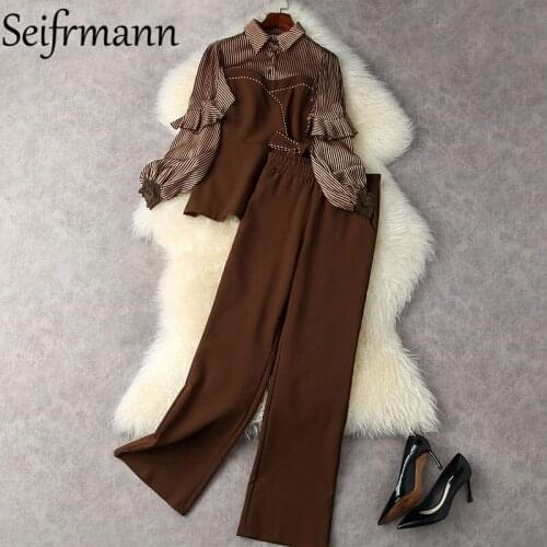 Seifrmann New 2021 Autumn Women Fashion Runway Pants Set Long Sleeve Patchwork Tops + High Waist Solid Printed Long Pants Suits