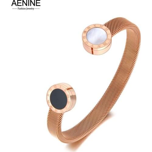 AENINE New Titanium Stainless Steel Black/White Acrylic Shell Open Bangle Bracelets For Women Adjustable Size Jewelry AB21010