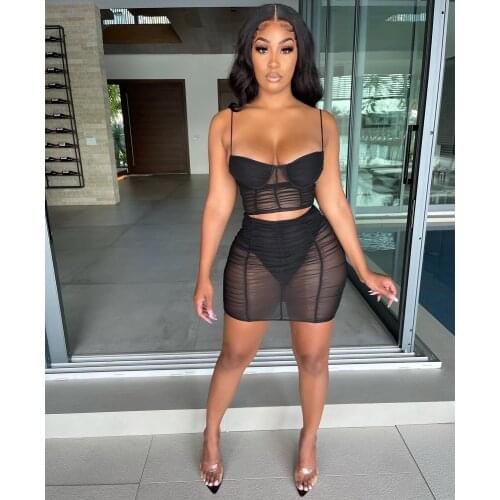 Gaono Mesh See Through Two Piece Set Outfits Sexy Strap Patchwork Women Set Club Sleeve Slim Summer Cami Top Mini Skirt Set